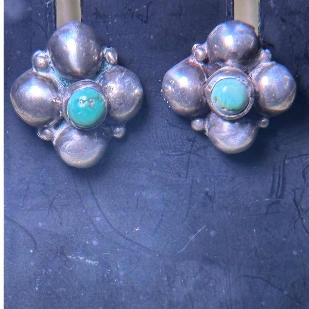 Vintage Mexican Sterling Silver‎ Turquoise Cluster Screw Back Earrings 17mm